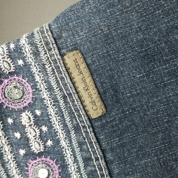 Calvin Klein Jeans Size 10 Embroidered Waist Leather LaceUp Front Wide Leg Jeans - Picture 2 of 13